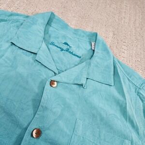 Tommy Bahama Shirt Men Small Floral Silk Button Up Hawaiian Blue Jacquard  Print